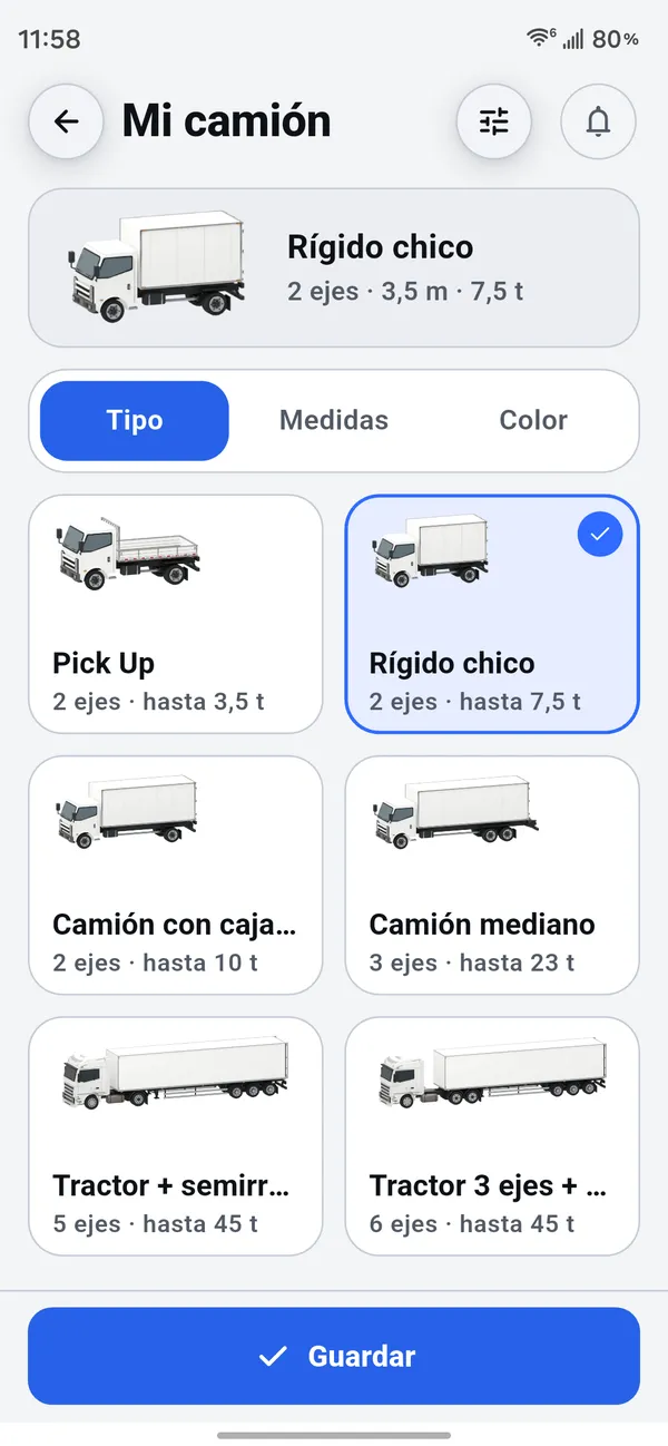 Pantalla Mi camión con medidas de ejemplo, en modo claro.